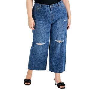 INC International Concepts Plus Size Cheetah Print Destructed Wide Leg Jeans